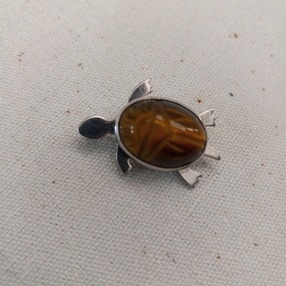 Sterling Silver Tiger Eye Turtle Brooch Pin